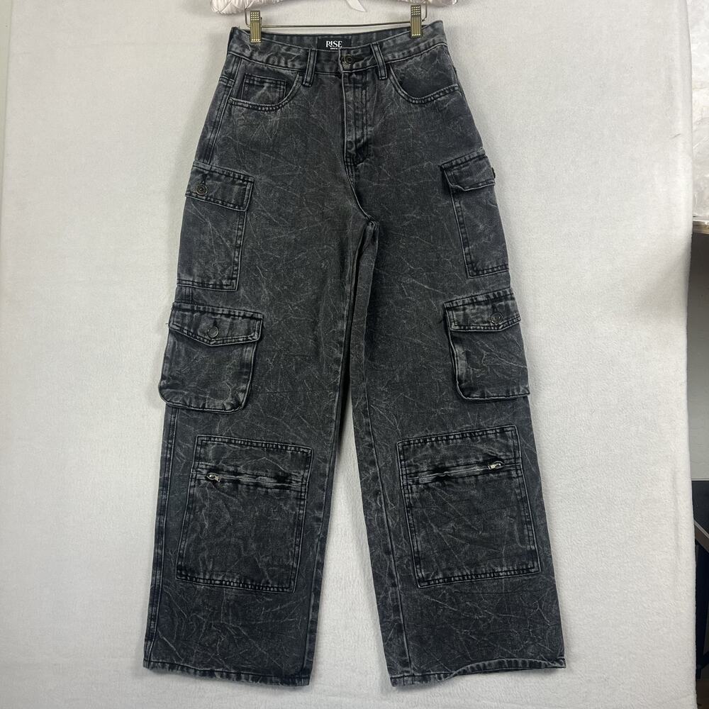 Rise Supply Co Cargo Jeans Women's Size 7 Black Acid Wash Baggy Pockets